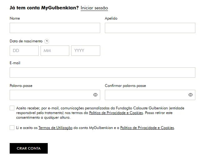 Página de login da Bolsa Gulbenkian para candidatura online no MyGulbenkian